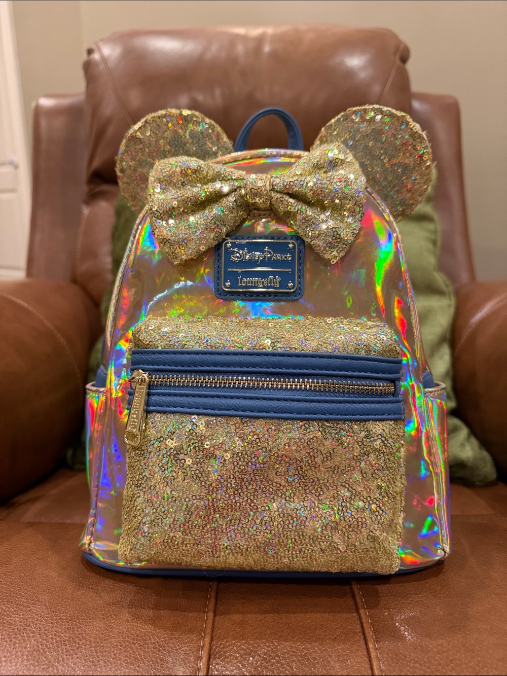 Disney Parks Gold Holographic & Sequin Minnie Mouse Loungefly Backpack with Bow